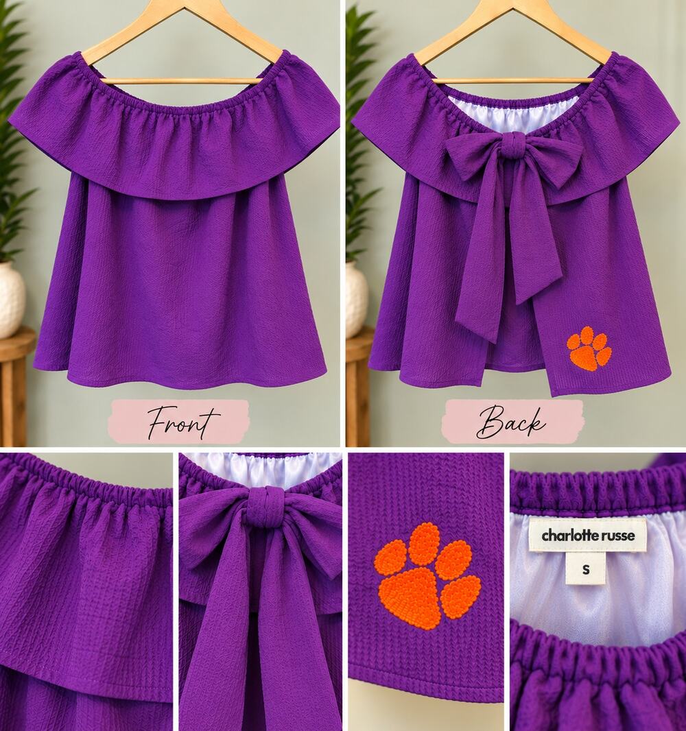 Clemson Women's Purple Off-the-Shoulder Bow Logo Blouse Sleeveless XS